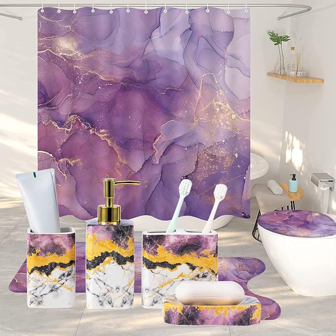 4 Piece Bathroom Accessories Set - Purple Bathroom Accessory Sets Includes Lotion Dispenser, Toothbrush Holder Tumbler, and Soap Dish - Glossy Finish (Marble, Purple)