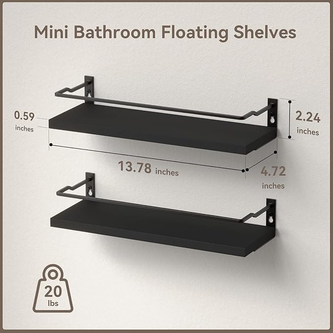 RICHER HOUSE Bathroom Shelves, Black Floating Wall Shelf Organizer Over Toilet Storage with 2 Shelves