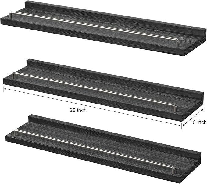 22 inches Long Floating Shelves, Bathroom Decor Shelves Over Toilet, Farmhouse Wall Shelves for Living Room, Bedroom, Picture Frames, Plants, Kitchen, Set of 3 (Black)