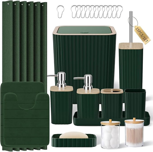 Bathroom Accessories Set - 25PC Green Bathroom Set, Bathroom Set with Shower Curtain and Rugs, Green Shower Curtain Set, Toilet Brush, Bathroom Trash Can