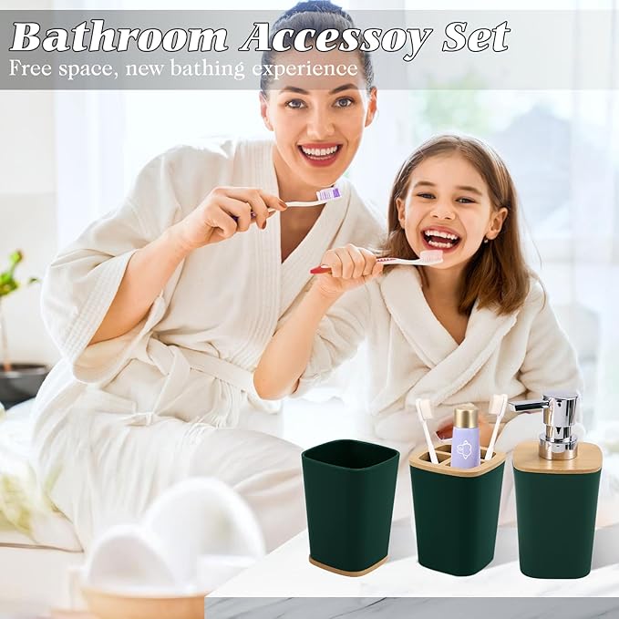 Dark Green Bathroom Accessories, Green Bathroom Accessories Set with Trash Can, Soap Dispenser, Toothbrush Holder, Toothbrush Cup, Soap Dish, Toilet Brush, Tray and Q-tip Holders