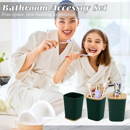 Dark Green Bathroom Accessories, Green Bathroom Accessories Set with Trash Can, Soap Dispenser, Toothbrush Holder, Toothbrush Cup, Soap Dish, Toilet Brush, Tray and Q-tip Holders