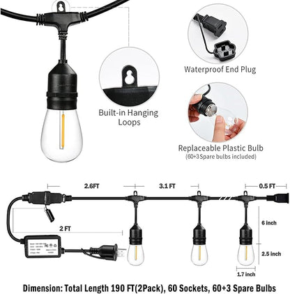 190FT Remote Controlled Outdoor String Lights Patio String Lights for Outside, 60+3 Shatterproof S14 Warm Lights String Outdoor for Bistro Café Gazebo Backyard, Linkable, 2 Pack
