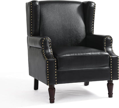 UIXE PU Leather High Back Accent Chair, Upholstered Armchair for Living Room, Retro Wingback Arm Chair Nailhead Trim Single Sofa Bedroom Reading Seat with Solid Wood Legs - Black
