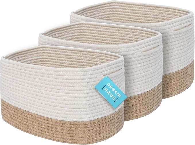 OrganiHaus Set of 3 Woven Storage Baskets for Organizing, Cotton Rope Organizer Bins for Shelves, Closet & Nursery, Dog Toy Basket, Decorative Bins for Toys, Towels & Books - 15x10x9, Honey/Off-White