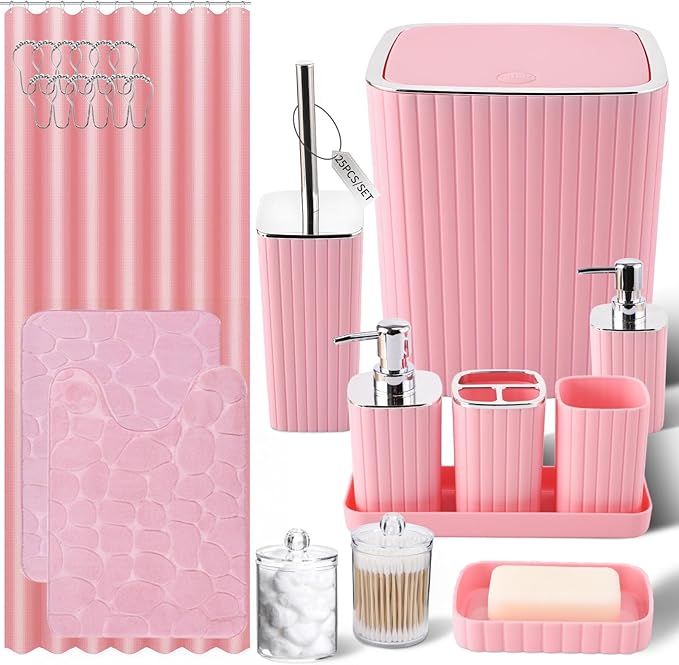 Bathroom Set with Shower Curtain and Rugs- 25PC Pink Bathroom Accessories, Shower Curtain Set, Toilet Brush, Trash Can, Qtip Holder Dispenser & Soap Dispenser
