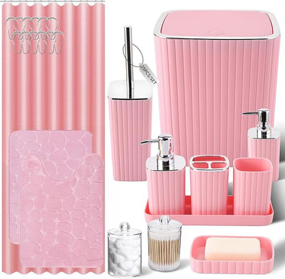 Bathroom Set with Shower Curtain and Rugs- 25PC Pink Bathroom Accessories, Shower Curtain Set, Toilet Brush, Trash Can, Qtip Holder Dispenser & Soap Dispenser