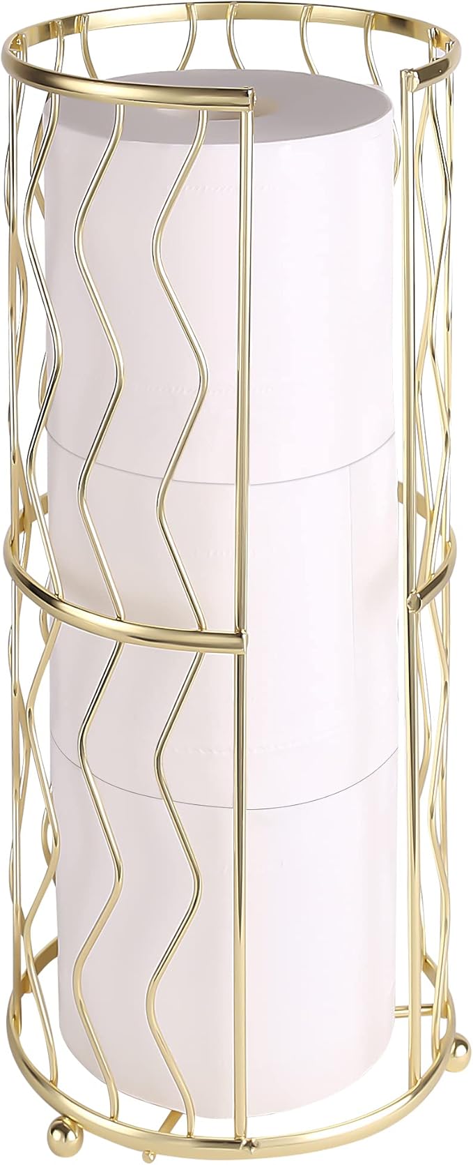 Decorative Metal Standing Toilet Tissue Holder for Bathroom/Powder Room, Compact Tissue Reserve for 3 Rolls of Toilet Paper Gold