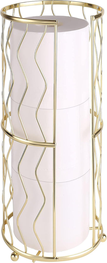 Decorative Metal Standing Toilet Tissue Holder for Bathroom/Powder Room, Compact Tissue Reserve for 3 Rolls of Toilet Paper Gold