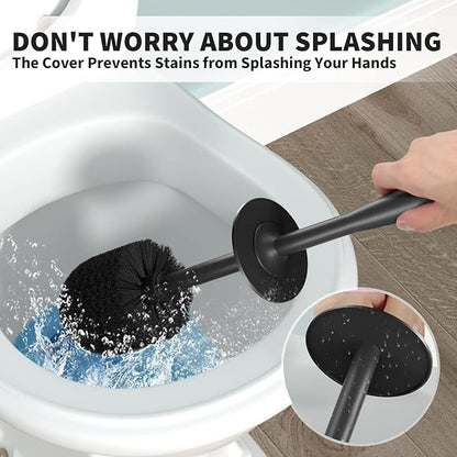 Toilet Brush and Holder 2 Pack, Toilet Bowl Brush with Extra Long Handle, Toilet Scrubber and Covered Holder, Toilet Brushes for Bathroom-Space Saving, Covered Brush, Durable, Deep Cleaning(Black)