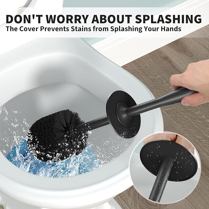 UPTRONIC Toilet Brush, Toilet Bowl Brush with Extra Long Handle Durable Bristles Toilet Scrubber and Covered Holder for Toilet Brush Set for Bathroom Cleaning (Black, 1 Set)