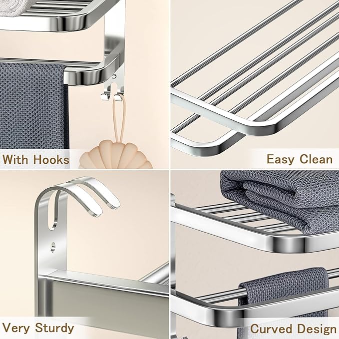DDS-DUDES Bathroom Towel Rack Towel Shelf with Double Towel Bars Lavatory Wall Mount Holder with Hooks Stainless Steel Hotel Bath Rack 15 inches