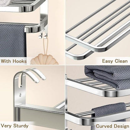 DDS-DUDES Bathroom Towel Rack Towel Shelf with Double Towel Bars Lavatory Wall Mount Holder with Hooks Stainless Steel Hotel Bath Rack 15 inches