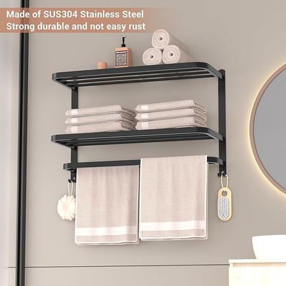DDS-DUDES 3-Tier Black Towel Racks for Bathroom with Towel Bars Multilayer Hotel Towel Shelf Stainless Steel Wall-Mounted Matte Finished Holder with Towel Shelves 23 Inches