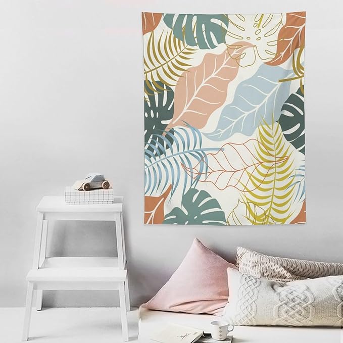 ICMOLYYENLO Boho Green Leaves Tapestry, Mid Century Abstract Tropical Palm Leaves Modern Minimalist Geometric Wall Hanging, Neutral Home Decor Art for Living Room Bedroom Dorm 50x60 Inch