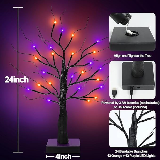 [Timer] 2 Pack 24 Inch Black Halloween Tree with Orange Purple Lights, USB/Battery Operated Light Up Halloween Table Decorations, Spooky Halloween Decorations Indoor Home Mantle Room Party Decor