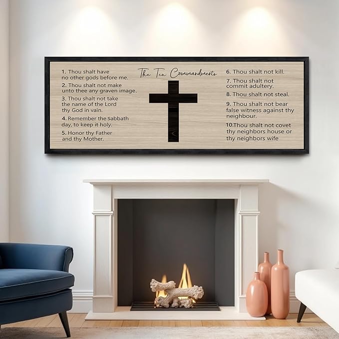 Ten Commandments Rustic Bible Verse Framed Wall Art 40" x 15" Black Religious Christian Slogan Representing God Jesus Christ Prayer Vintage Holy Inspirational Catholic Scripture Decor