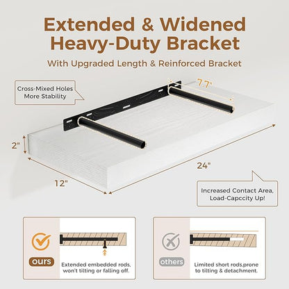 12 Inch Deep White Floating Shelves, 24 x 12 Floating Shelf for Books, Rustic Wood Deep Wall Shelves for Home Storage & Display, 2" Thicked Shelves for Kitchen, Living Room, Bedroom, 2 Pack