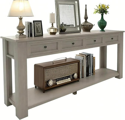 Solid Wood Console Table,Long Sofa Table Entryway Table with 4 Drawers and Bottom Shelf for Hallway Living Room Couch Table,Fully Assembled (63" Gray Wash)