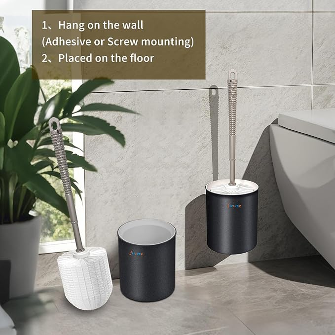 Toilet Brush and Holder Set, Bathroom Cleaner Brush Set with Light Brush Handle, Soft Bristle, Corrosion Resistant Holder, Wall Mounted/Floor Standing