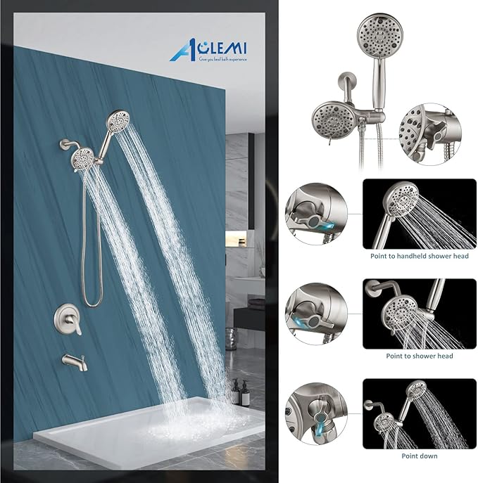Aolemi Tub Shower Faucet Set with Tub Spout Rain Shower Head System Shower Trim Kit Pressure Rough-in Valve Included ABS 8 Setting Dual Shower Head and Handheld Spray Brushed Nickel