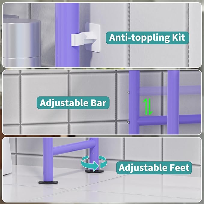 3-Tier Over The Toilet Storage with Paper Holder, Metal Bathroom Organizers and Storage for Small Space, Freestanding Bathroom Shelves with 4 Hooks, Above The Toilet Storage Shelf, Purple