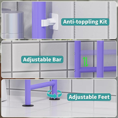 3-Tier Over The Toilet Storage with Paper Holder, Metal Bathroom Organizers and Storage for Small Space, Freestanding Bathroom Shelves with 4 Hooks, Above The Toilet Storage Shelf, Purple