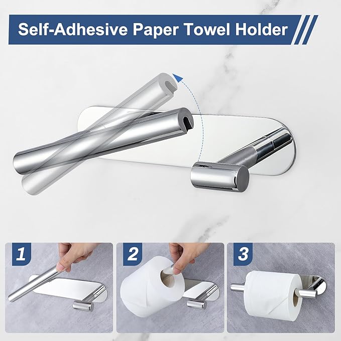 Self Adhesive Chrome Toilet Paper Holder, SUS304 Stainless Steel Toilet Roll Holder, Double Base Paper Towel Holder Wall Mount No Drilling for Bathroom, Kitchen, Washroom