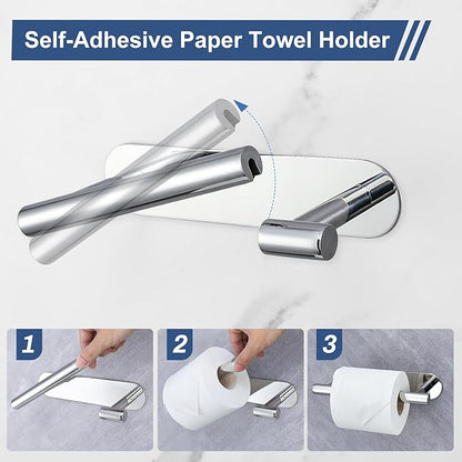 Self Adhesive Chrome Toilet Paper Holder, SUS304 Stainless Steel Toilet Roll Holder, Double Base Paper Towel Holder Wall Mount No Drilling for Bathroom, Kitchen, Washroom