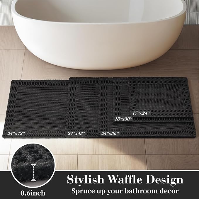 RESARE Waffle Bathroom Runner Rugs, Super Absorbent Bath Mat Non Slip Washable Quick Dry, Upgraded Ultra Soft Boho Bath Rugs with Tassels for Hallway Bedroom Laundry Room, 2'x4'(24"x48"), Black