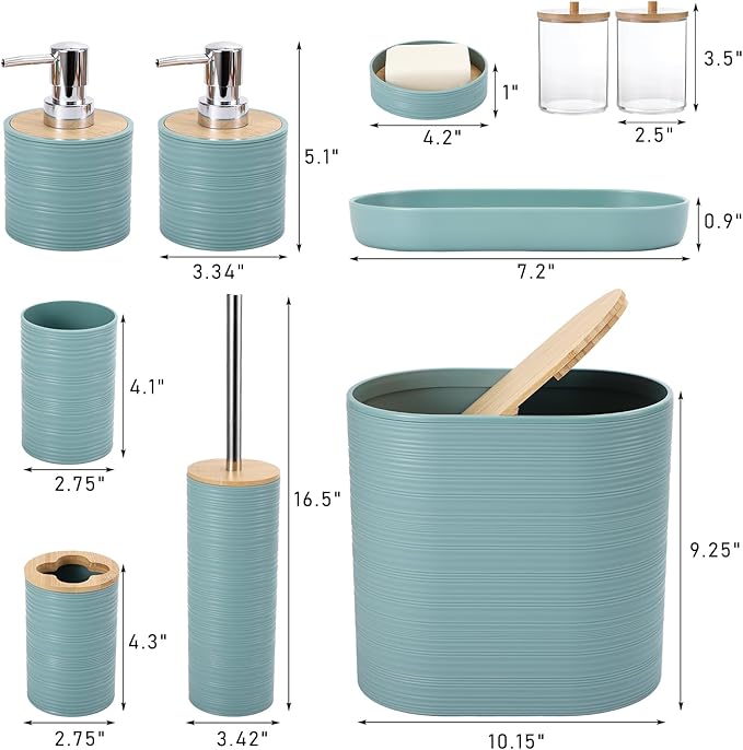 Blue Bathroom Set, Light Blue Bathroom Accessories Set with Trash Can, 2PCS Soap Dispensers, Soap Dish, Toothbrush Holder, Toothbrush Cup,Toilet Brush, Tray and Qtip Holders for Bathroom Decor