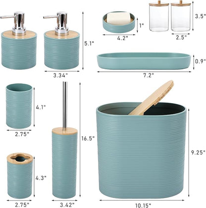 Blue Bathroom Set, Light Blue Bathroom Accessories Set with Trash Can, 2PCS Soap Dispensers, Soap Dish, Toothbrush Holder, Toothbrush Cup,Toilet Brush, Tray and Qtip Holders for Bathroom Decor