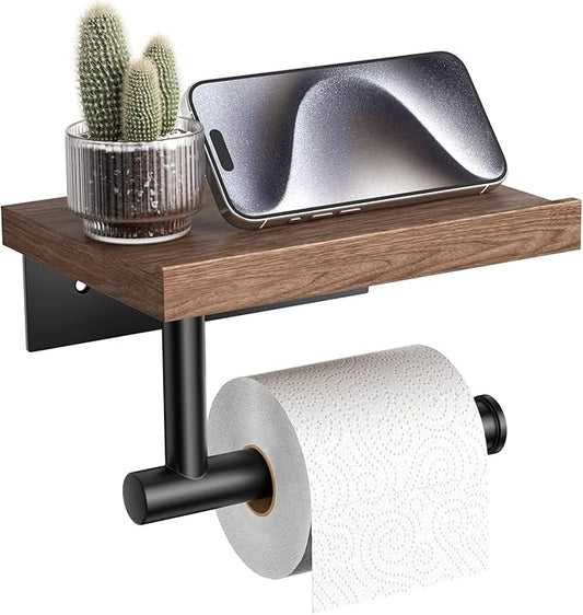 Tindbea Toilet Paper Holder with Wood Shelf, Wooden Wall Mount Tissue Paper Roll Holder, Matte Black Stainless Steel Bathroom Accessories Decor Household Home Apartment Restroom Essentials (Walnut)