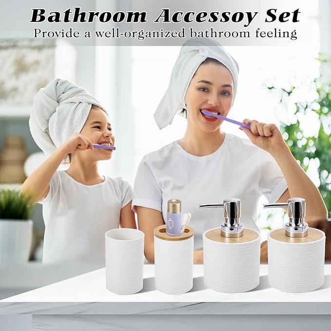 White Bathroom Set, White Bathroom Accessories Set with Trash Can, 2PCS Soap Dispensers, Soap Dish, Toothbrush Holder, Toothbrush Cup,Toilet Brush, Tray and Qtip Holders for Bathroom Decor