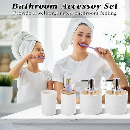 White Bathroom Set, White Bathroom Accessories Set with Trash Can, 2PCS Soap Dispensers, Soap Dish, Toothbrush Holder, Toothbrush Cup,Toilet Brush, Tray and Qtip Holders for Bathroom Decor