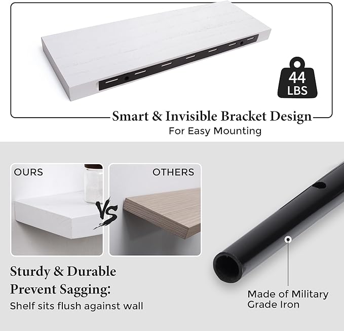 Axeman Floating Shelves, 2 Pack 8 Inch Deep Rustic Solid Wood Wall Shelves for Storage, Wall Mounted Display Shelving with Invisible Heavy-Duty Metal Bracket, 24" W x 8" D x 1.6" H, Distressed White