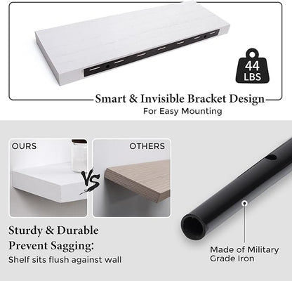 Axeman Floating Shelves, 2 Pack 8 Inch Deep Rustic Solid Wood Wall Shelves for Storage, Wall Mounted Display Shelving with Invisible Heavy-Duty Metal Bracket, 24" W x 8" D x 1.6" H, Distressed White