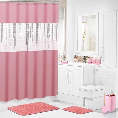 Pink Bathroom Accessories Set with Glitter Shower Curtain and Rugs,Bathroom Sets with Extra Soft and Absorbent Bath Rugs Sequin Shower Curtain Pink Bathroom Sets for Bath Decor