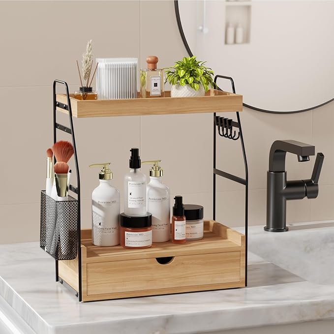2 Tier Bathroom Counter Organizer with Drawer & Basket, Wooden Vanity Tray Countertop Shelf Accessories for Makeup Storage, Coffee Bar Station, Perfume Skincare, Kitchen, Bedroom (Brown)
