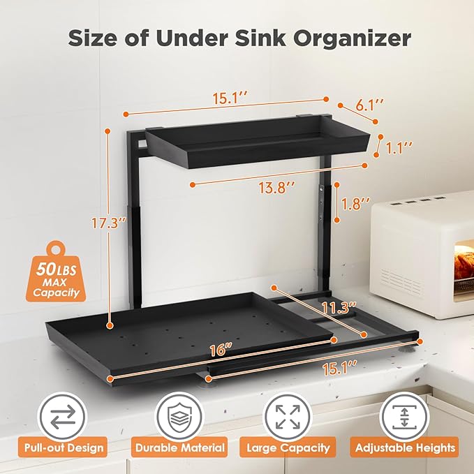 TATAANTY Under Sink Organizer, 2 Packs 2 Tier Black Steel Under Sink Storage, Undersink Organizers for Bathroom, Cabinet, Counter, Kitchen