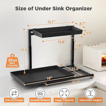 TATAANTY Under Sink Organizer, 2 Packs 2 Tier Black Steel Under Sink Storage, Undersink Organizers for Bathroom, Cabinet, Counter, Kitchen