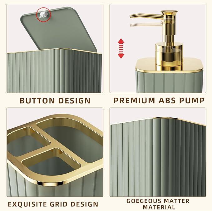 Bathroom Accessories Set - Gorgeous Bathroom Set, 10PC Sage Green Bathroom Accessory Set, Toilet Brush, Trash Can & Soap Dispenser