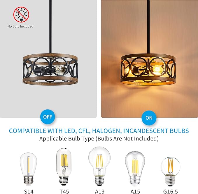 XINGQI Black Ceiling Light Adjustable Height Chandelier Modern Farmhouse Pendant Lighting Fixture Wood Grain Metal 13" Rustic Round Lights for Dining Room Kitchen Bedroom Entryway