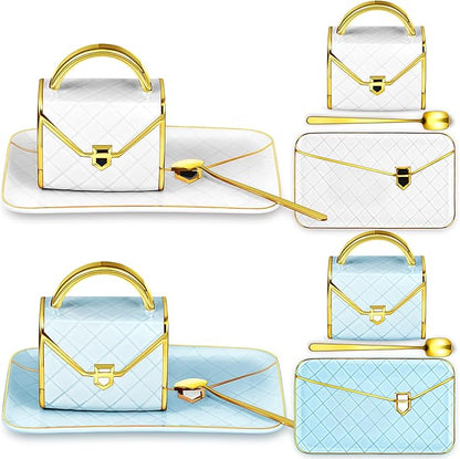 Zubebe 2 Sets Coffee Mug Elegant Handbag Shaped Cup Modern Ceramic Purse Mug with Spoon and Saucer, 10oz Cute Creative Tea Cup for Office Home Woman Girls Gift (White,Blue)