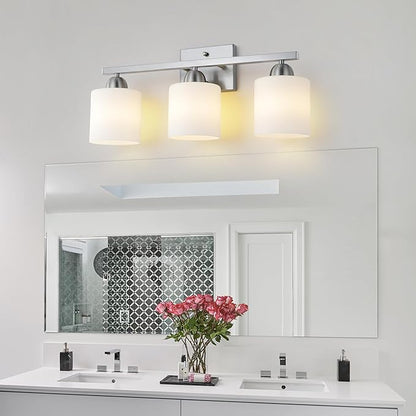 Stainless Steel Milk Glass Vanity Lights for Bathroom, 3 Light Brushed Nickel Bathroom Light Fixtures Over Mirror, Ceramic E26 Sockets Wall Mounted