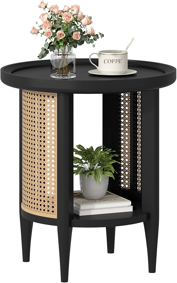 Yusong Round End Table Rattan Side Table with Solid Wood Legs, Boho Style Nightstand Bedside Table with 2-Tier Shelves, Small Coffee Table for Living Room Bedroom Small Spaces Black