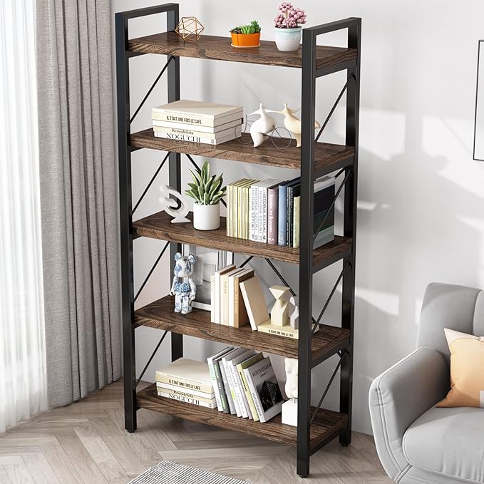 5 Tier Bookshelf Rustic Solid Wood Industrial Style Bookcase,Metal and Real Wood Vintage Bookshelf,Book Shelves Home Office, Retro Brown,Dark Matching credenza(LZ01-05tier) (5Tiers)