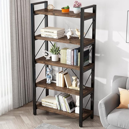 5 Tier Bookshelf Rustic Solid Wood Industrial Style Bookcase,Metal and Real Wood Vintage Bookshelf,Book Shelves Home Office, Retro Brown,Dark Matching credenza(LZ01-05tier) (5Tiers)