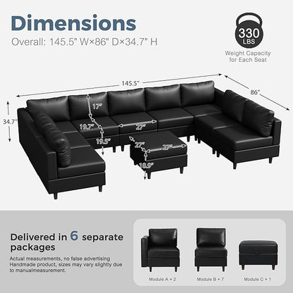 ABCASA Oversized 145.5" Faux Leather Modular Sectional Sofa, Modern Large 10 Seater U Shaped Couch with Storage Seat with Reversible Chaise Deep Seat for Living Room DIY Combination - Black