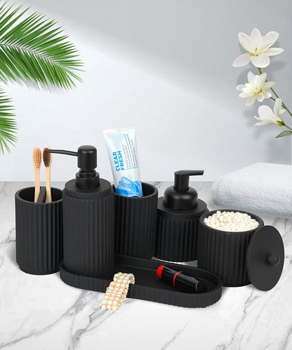 Black Bathroom Accessories Set 6 Pcs - Toothbrush Holder,Lotion Soap Dispenser,Foaming Soap Dispenser,Qtip Holder Dispensers,Vanity Tray,Bathroom Tumbler - Countertop Organizer-Bathroom Accessory Set